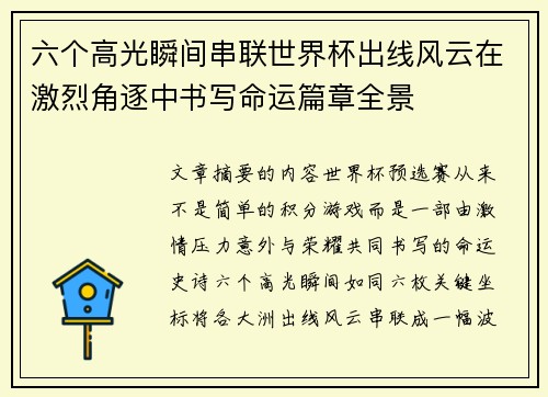 六个高光瞬间串联世界杯出线风云在激烈角逐中书写命运篇章全景