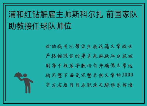 浦和红钻解雇主帅斯科尔扎 前国家队助教接任球队帅位